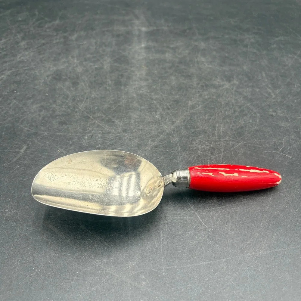 Vintage A&J Red Wood Handle 1/4 Cup Metal Kitchen Scoop Made in USA Retro Tool